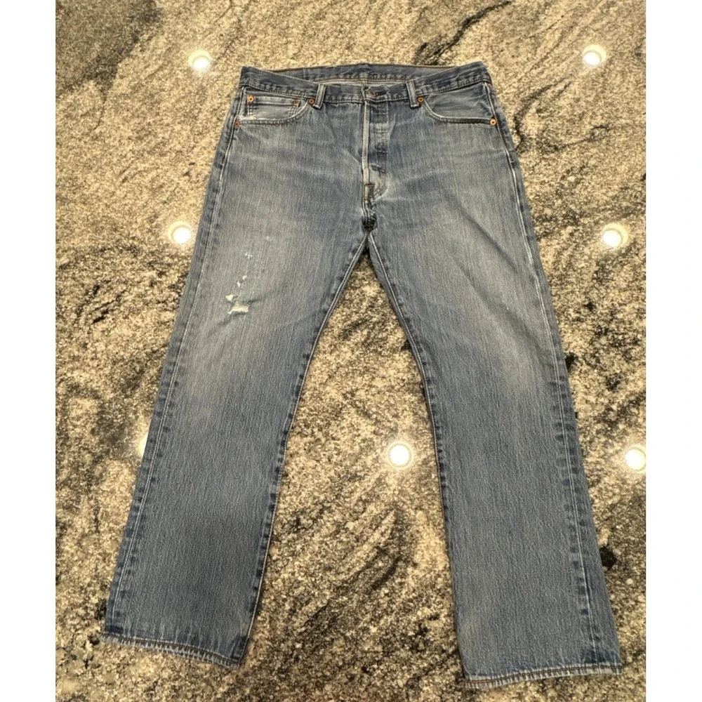 Levi's Jeans Mens 36x30 Blue 501 Straight Leg Button Fly Denim Work Distressed